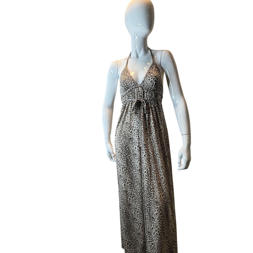 Rebecca Taylor Leopard Print Halter Maxi Dress Cotton Tan Black Animal Print